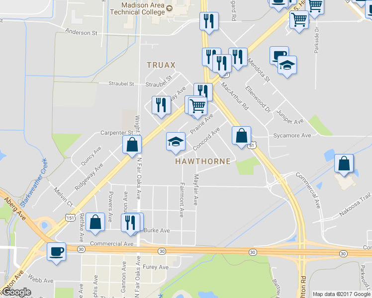 map of restaurants, bars, coffee shops, grocery stores, and more near 3418 Concord Avenue in Madison