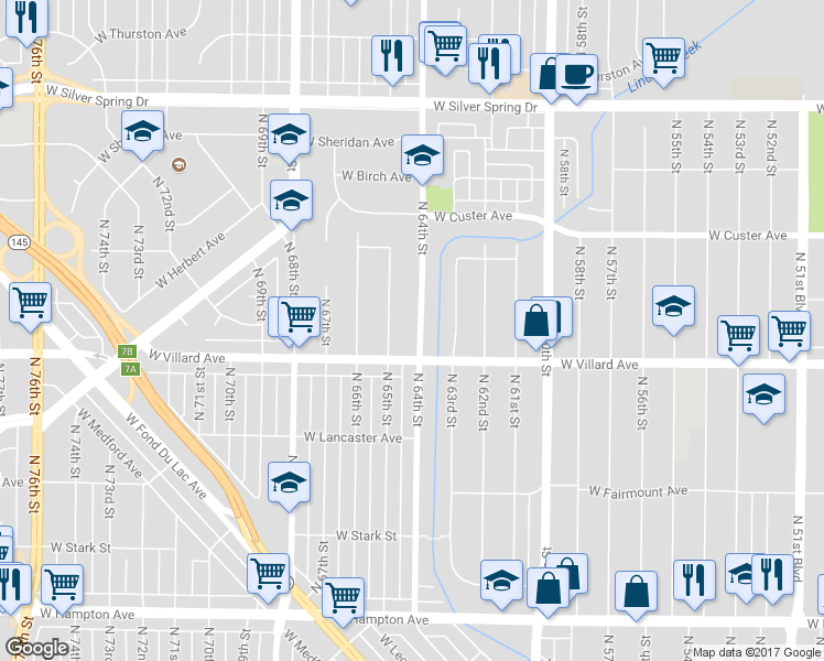 map of restaurants, bars, coffee shops, grocery stores, and more near 5235 North 64th Street in Milwaukee
