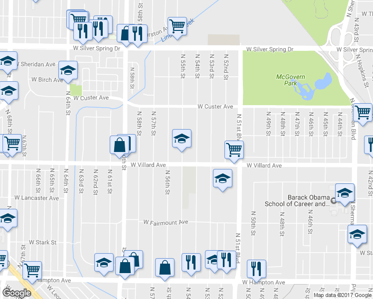 map of restaurants, bars, coffee shops, grocery stores, and more near 5242 North 55th Street in Milwaukee