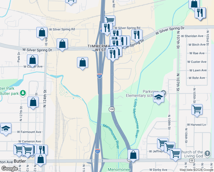 map of restaurants, bars, coffee shops, grocery stores, and more near 5253 Wisconsin 100 in Milwaukee
