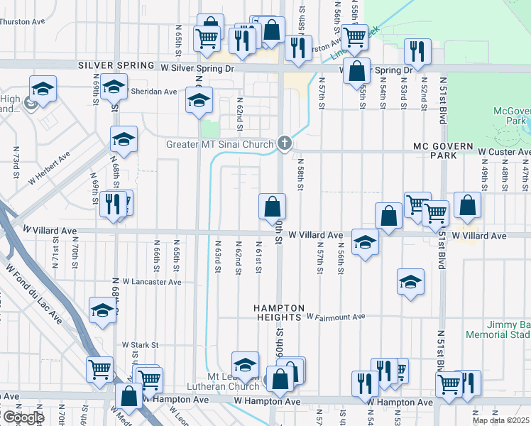 map of restaurants, bars, coffee shops, grocery stores, and more near 5240 North 61st Street in Milwaukee