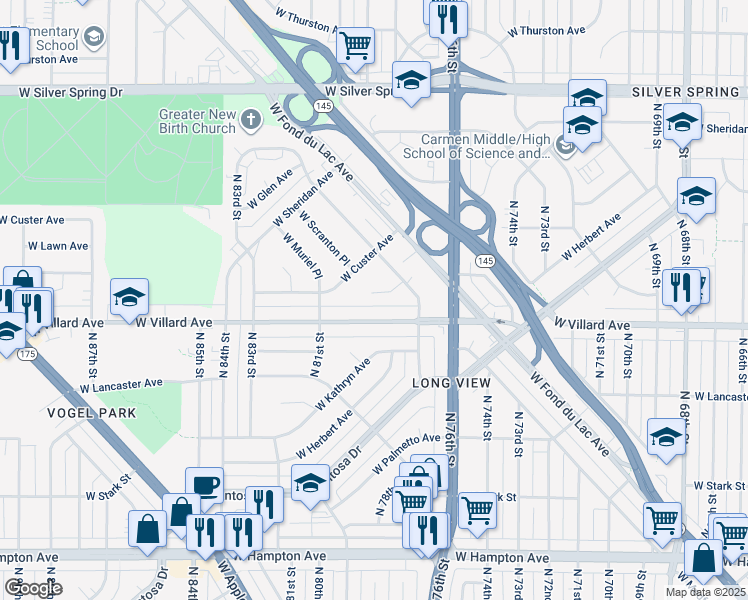 map of restaurants, bars, coffee shops, grocery stores, and more near 7849 West Caldwell Court in Milwaukee