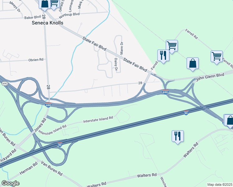 map of restaurants, bars, coffee shops, grocery stores, and more near 104 Dunhill Dr in Syracuse