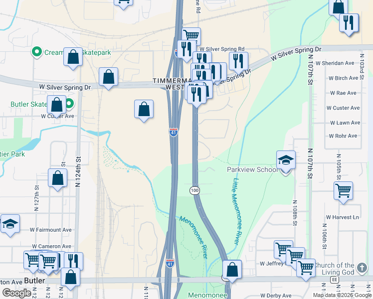 map of restaurants, bars, coffee shops, grocery stores, and more near 5253 Wisconsin 100 in Milwaukee