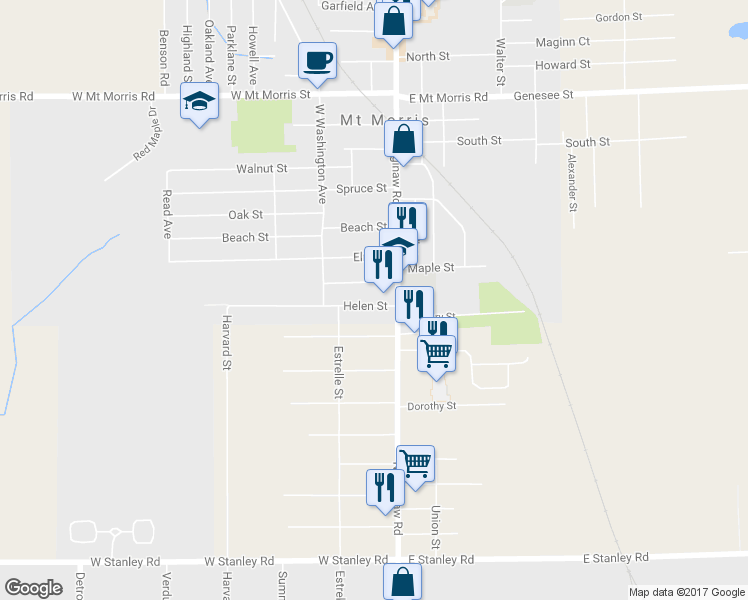 map of restaurants, bars, coffee shops, grocery stores, and more near 679 Helen Street in Mount Morris