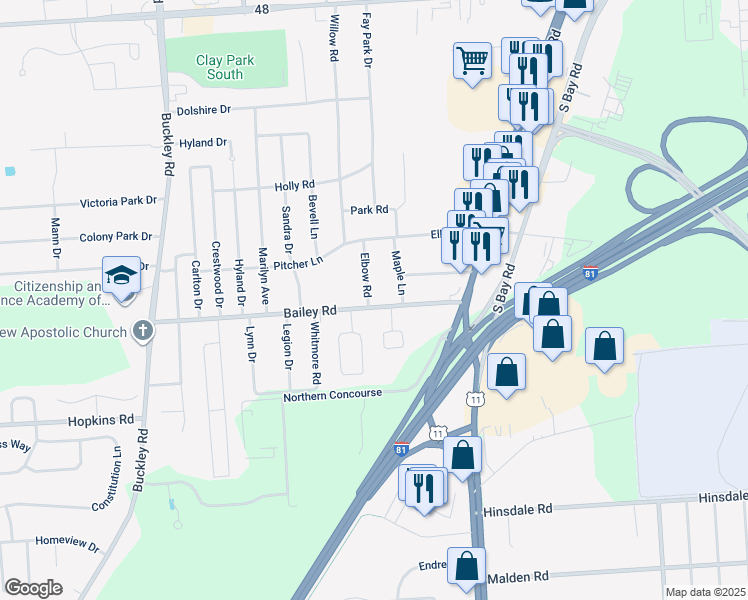 map of restaurants, bars, coffee shops, grocery stores, and more near 208 Bailey Road in Syracuse