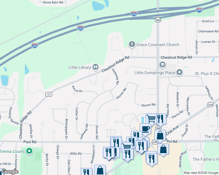 map of restaurants, bars, coffee shops, grocery stores, and more near 51 Gateway Road in Rochester