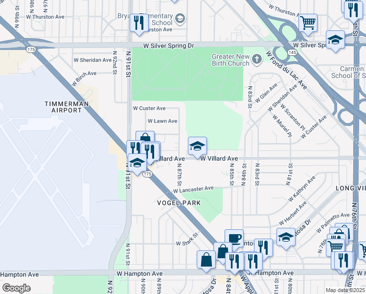 map of restaurants, bars, coffee shops, grocery stores, and more near 5230 North 87th Street in Milwaukee