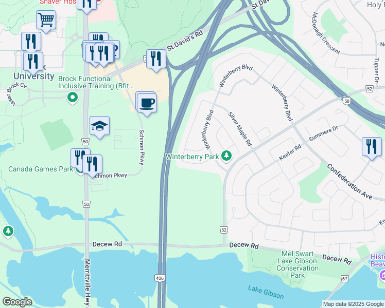 map of restaurants, bars, coffee shops, grocery stores, and more near 27 Sugar Maple Road in Thorold