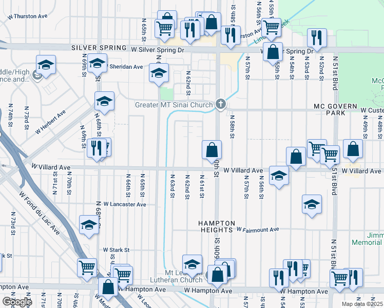 map of restaurants, bars, coffee shops, grocery stores, and more near 5240 North 62nd Street in Milwaukee