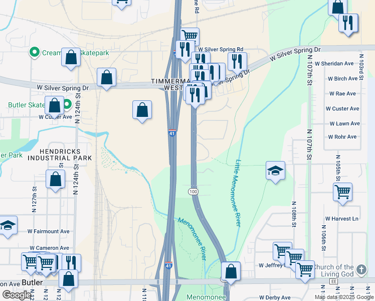 map of restaurants, bars, coffee shops, grocery stores, and more near 5253 Wisconsin 100 in Milwaukee