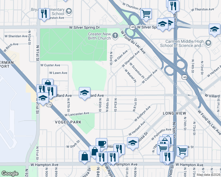 map of restaurants, bars, coffee shops, grocery stores, and more near 5232 North 84th Street in Milwaukee