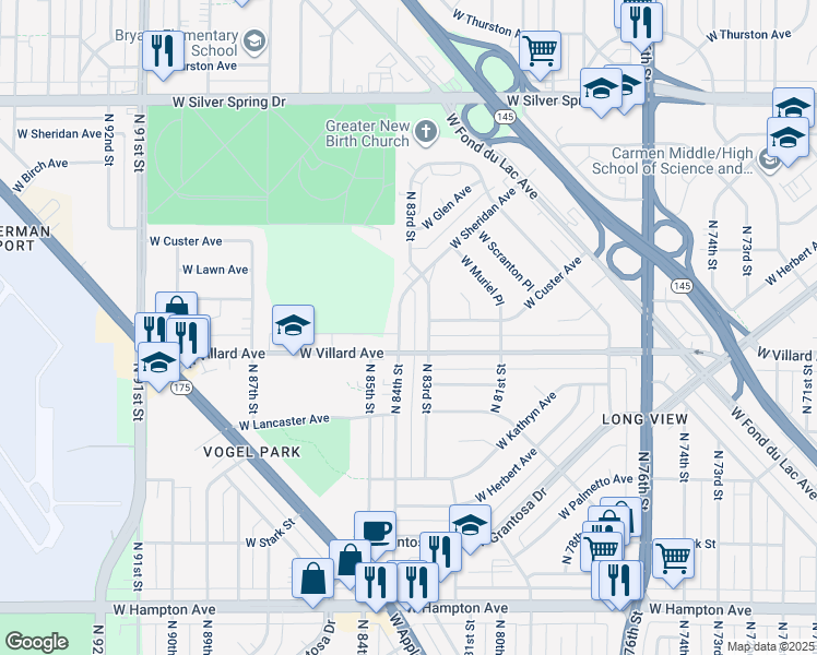 map of restaurants, bars, coffee shops, grocery stores, and more near 5230 North 84th Street in Milwaukee