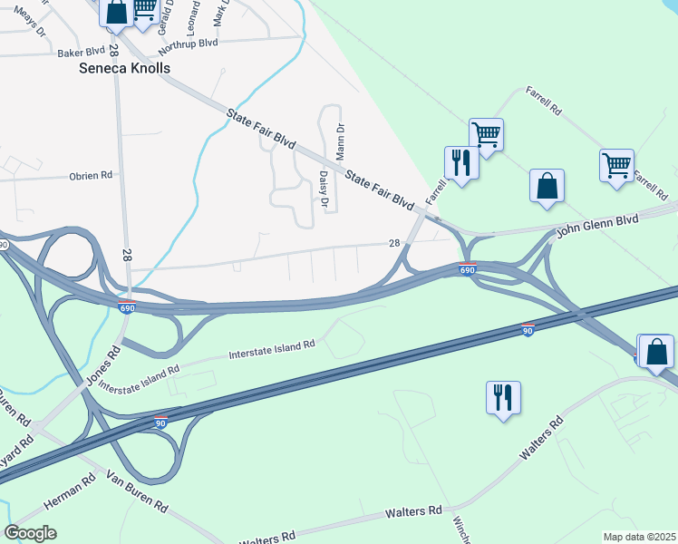 map of restaurants, bars, coffee shops, grocery stores, and more near 104 Dunhill Drive in Syracuse