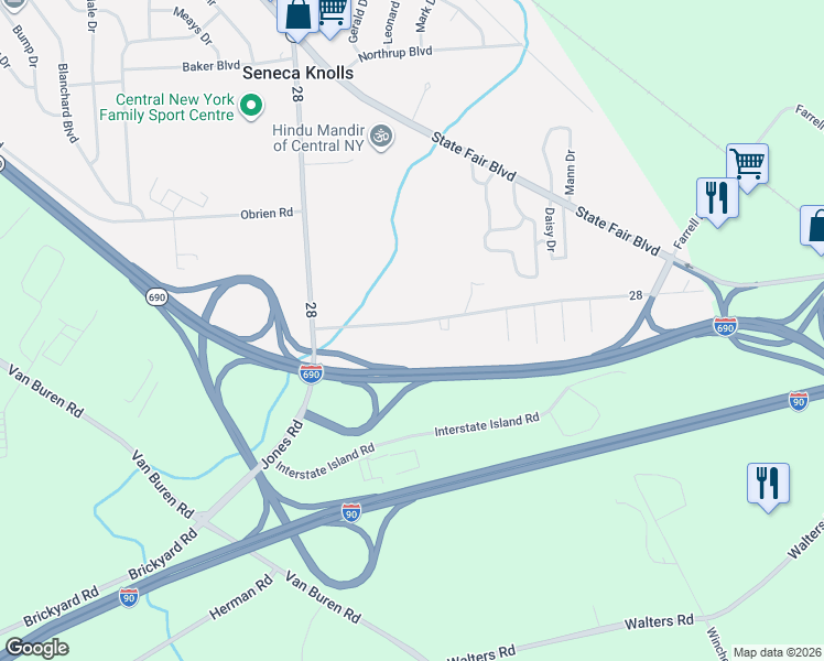 map of restaurants, bars, coffee shops, grocery stores, and more near 3302 Stiles Road in Syracuse