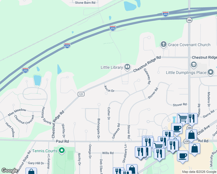 map of restaurants, bars, coffee shops, grocery stores, and more near 16 Ascot Drive in Rochester