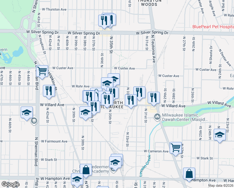 map of restaurants, bars, coffee shops, grocery stores, and more near 5247 North 34th Street in Milwaukee