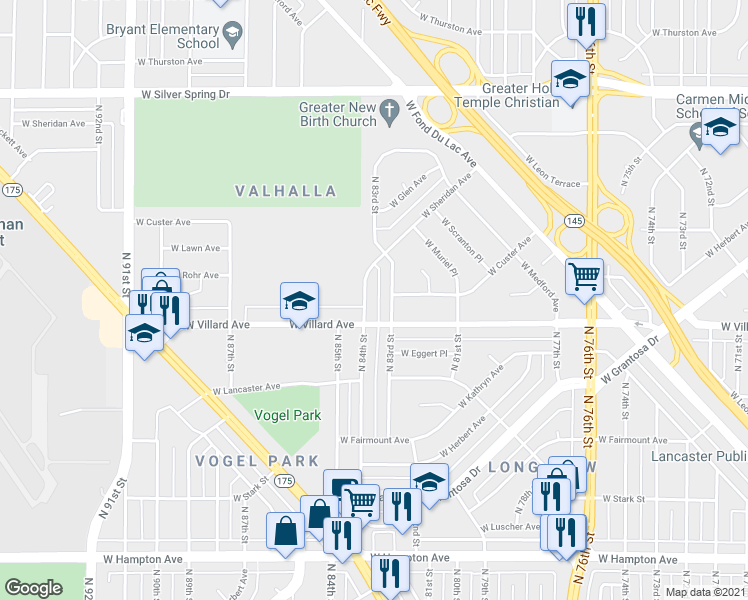 map of restaurants, bars, coffee shops, grocery stores, and more near 5230 North 84th Street in Milwaukee