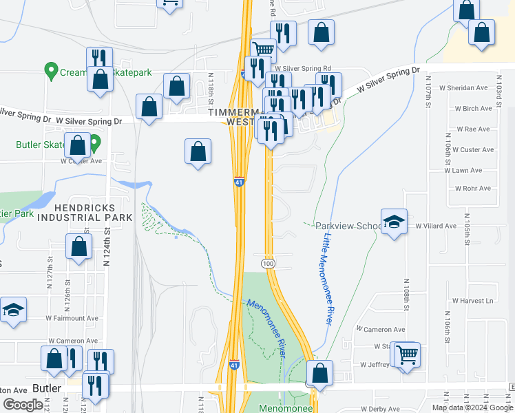 map of restaurants, bars, coffee shops, grocery stores, and more near 5253 Wisconsin 100 in Milwaukee