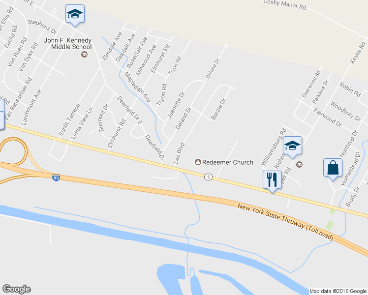 map of restaurants, bars, coffee shops, grocery stores, and more near 410 Lee Blvd in Utica
