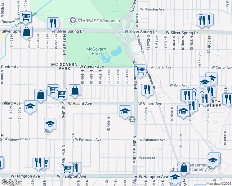 map of restaurants, bars, coffee shops, grocery stores, and more near 5247 North 45th Street in Milwaukee