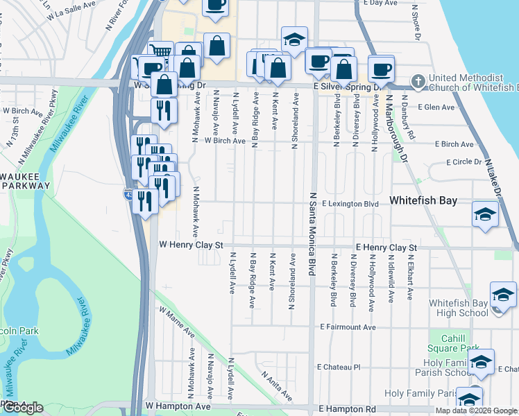 map of restaurants, bars, coffee shops, grocery stores, and more near 5276 North Bay Ridge Avenue in Whitefish Bay