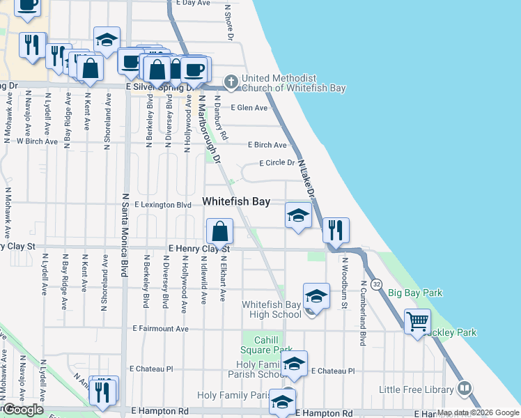 map of restaurants, bars, coffee shops, grocery stores, and more near 933 East Lexington Boulevard in Whitefish Bay