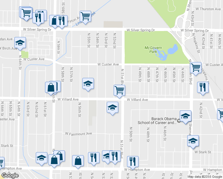 map of restaurants, bars, coffee shops, grocery stores, and more near 5247 North 52nd Street in Milwaukee