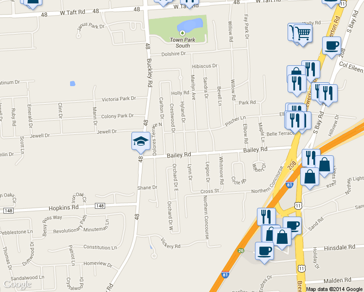 map of restaurants, bars, coffee shops, grocery stores, and more near 103 Hyland Dr in Syracuse