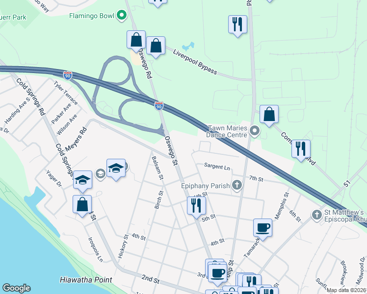 map of restaurants, bars, coffee shops, grocery stores, and more near 1204 Oswego Street in Liverpool