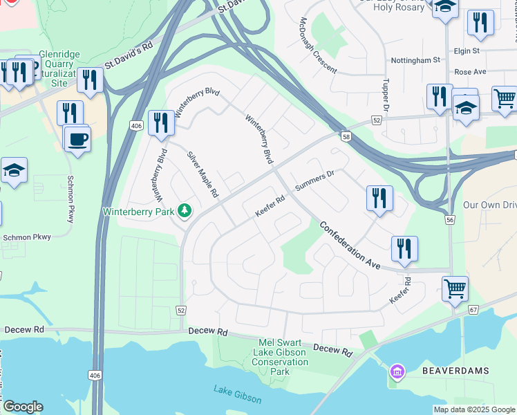 map of restaurants, bars, coffee shops, grocery stores, and more near 24 Keefer Road in Thorold