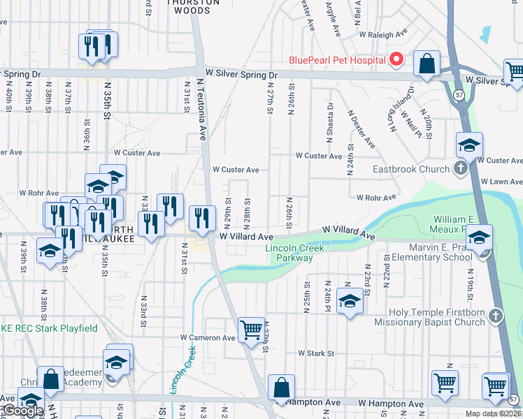 map of restaurants, bars, coffee shops, grocery stores, and more near 5255 N 27th St in Milwaukee