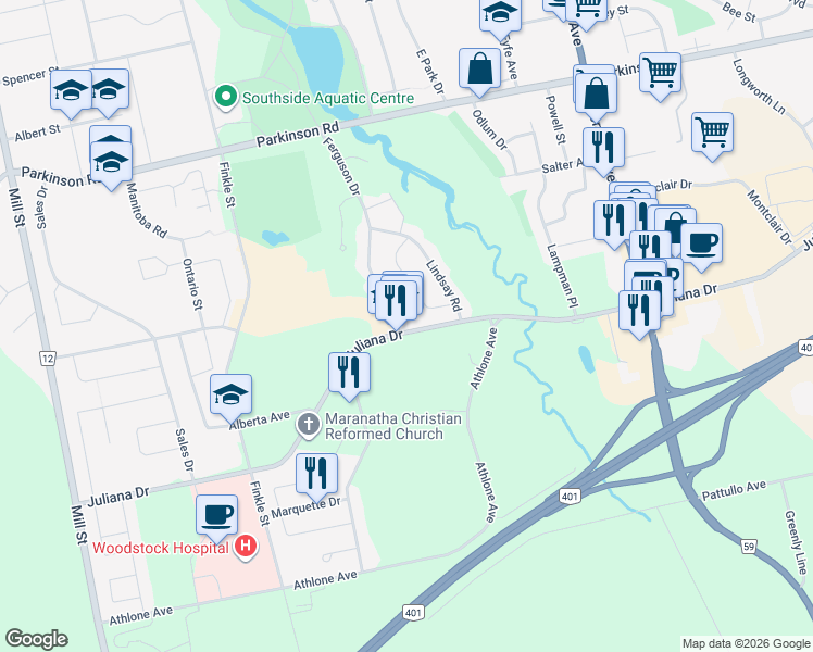 map of restaurants, bars, coffee shops, grocery stores, and more near 283 Ferguson Drive in Woodstock