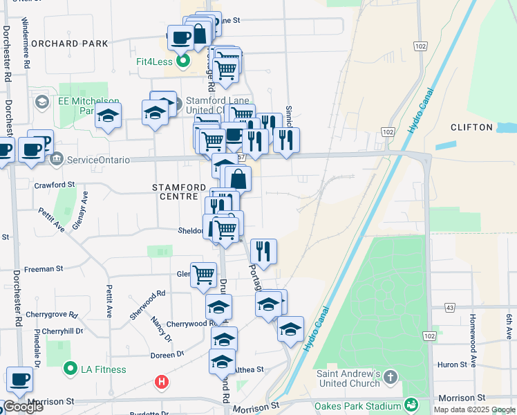 map of restaurants, bars, coffee shops, grocery stores, and more near 4163 Carroll Avenue in Niagara Falls