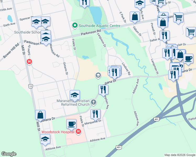 map of restaurants, bars, coffee shops, grocery stores, and more near 431 Juliana Drive in Woodstock