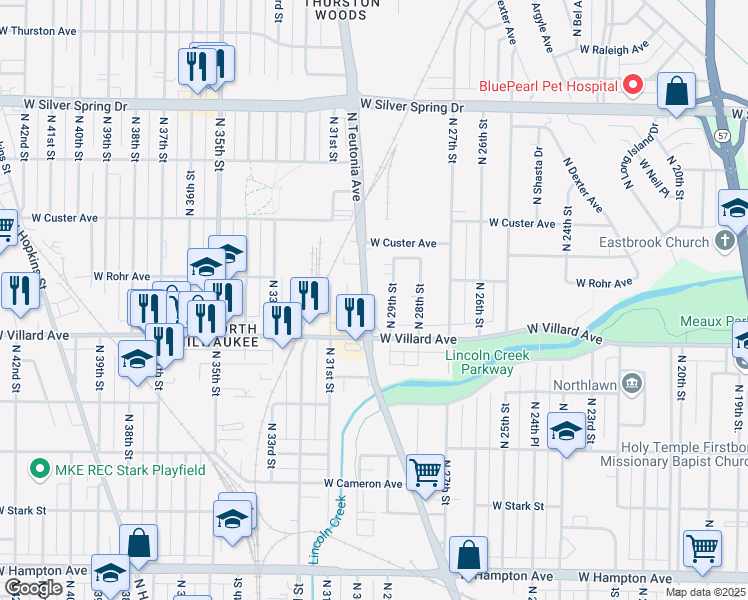 map of restaurants, bars, coffee shops, grocery stores, and more near 5252 North Teutonia Avenue in Milwaukee