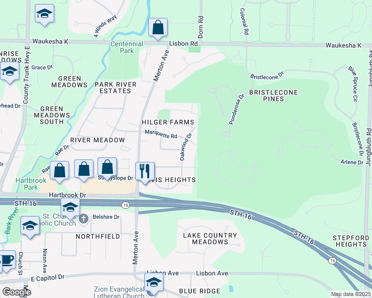 map of restaurants, bars, coffee shops, grocery stores, and more near 606 Oakwood Drive in Hartland