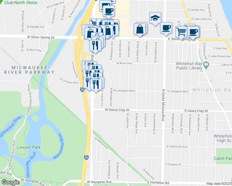 map of restaurants, bars, coffee shops, grocery stores, and more near 311 West Lexington Boulevard in Glendale