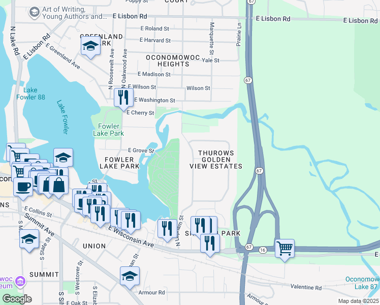 map of restaurants, bars, coffee shops, grocery stores, and more near 424 North Lapham Street in Oconomowoc