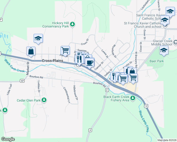 map of restaurants, bars, coffee shops, grocery stores, and more near 2014 Main Street in Cross Plains