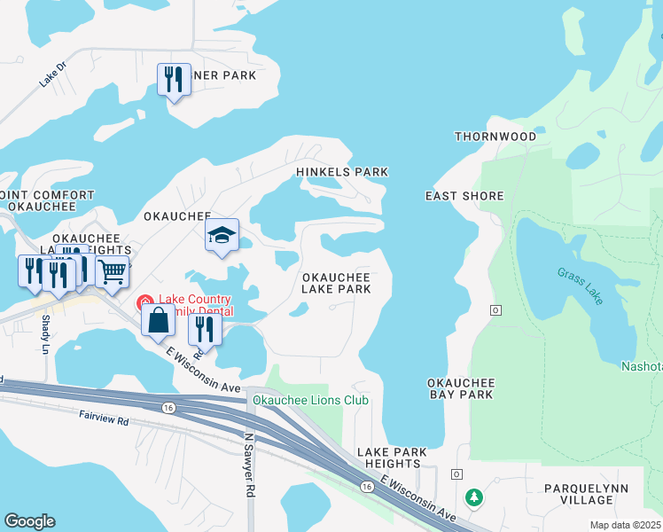 map of restaurants, bars, coffee shops, grocery stores, and more near N51W34318 Park Bay Road in Okauchee Lake