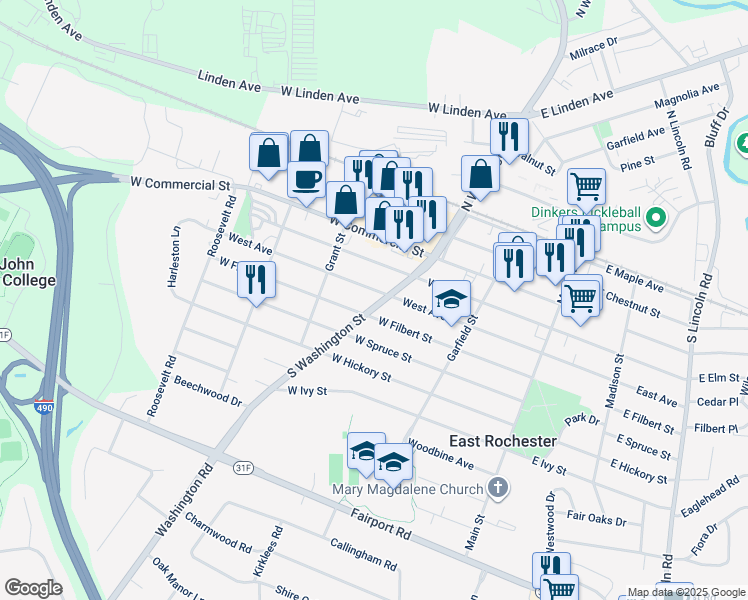map of restaurants, bars, coffee shops, grocery stores, and more near 503 South Washington Street in East Rochester
