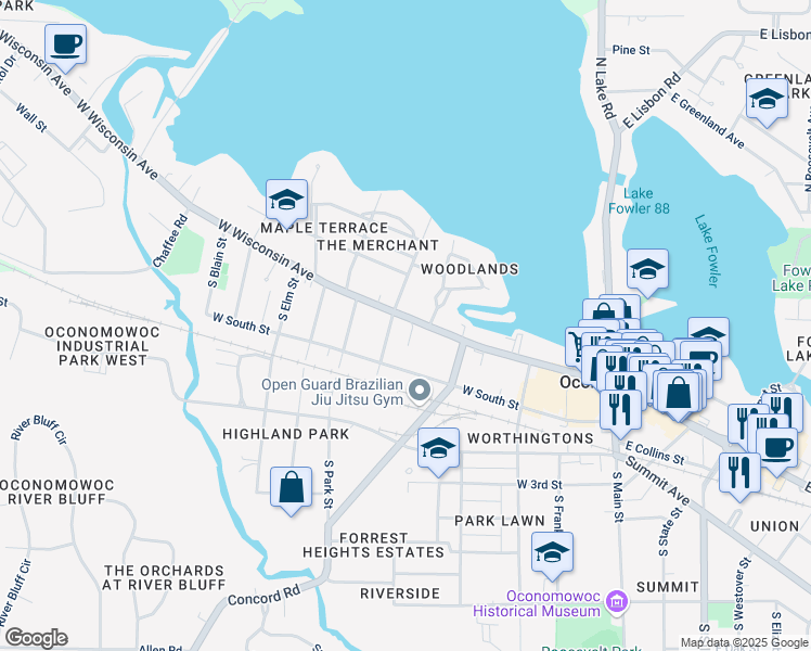 map of restaurants, bars, coffee shops, grocery stores, and more near 463 West Wisconsin Avenue in Oconomowoc