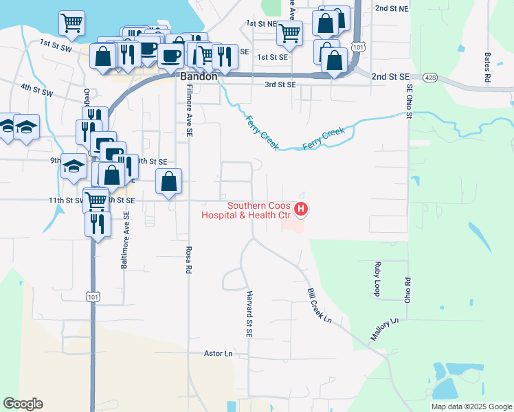map of restaurants, bars, coffee shops, grocery stores, and more near 799 11th Street Southeast in Bandon
