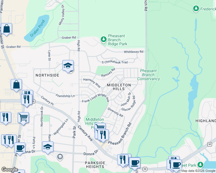 map of restaurants, bars, coffee shops, grocery stores, and more near 6839 Phil Lewis Way in Middleton