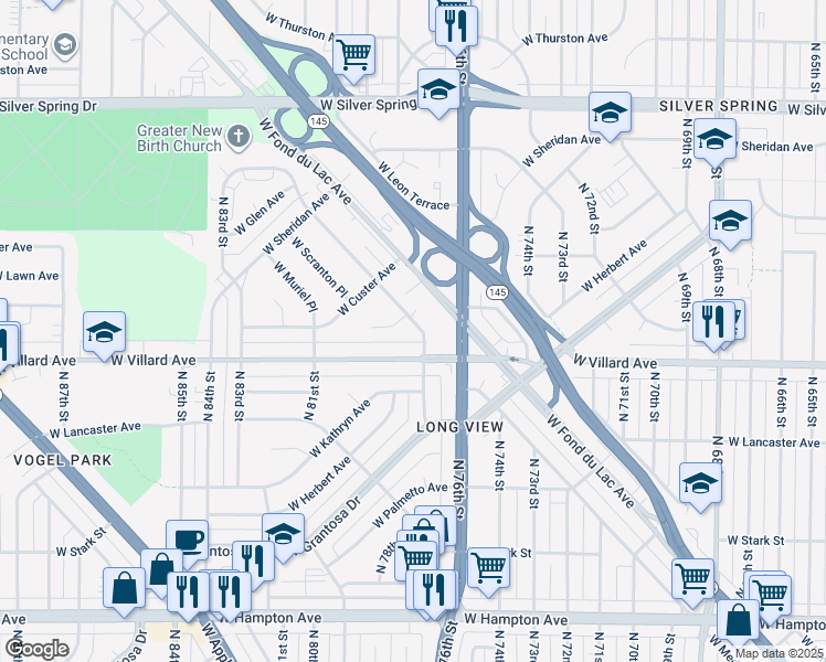 map of restaurants, bars, coffee shops, grocery stores, and more near 7733 West Medford Avenue in Milwaukee
