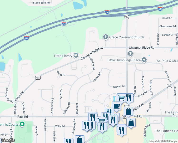 map of restaurants, bars, coffee shops, grocery stores, and more near 51 Gateway Rd in Rochester
