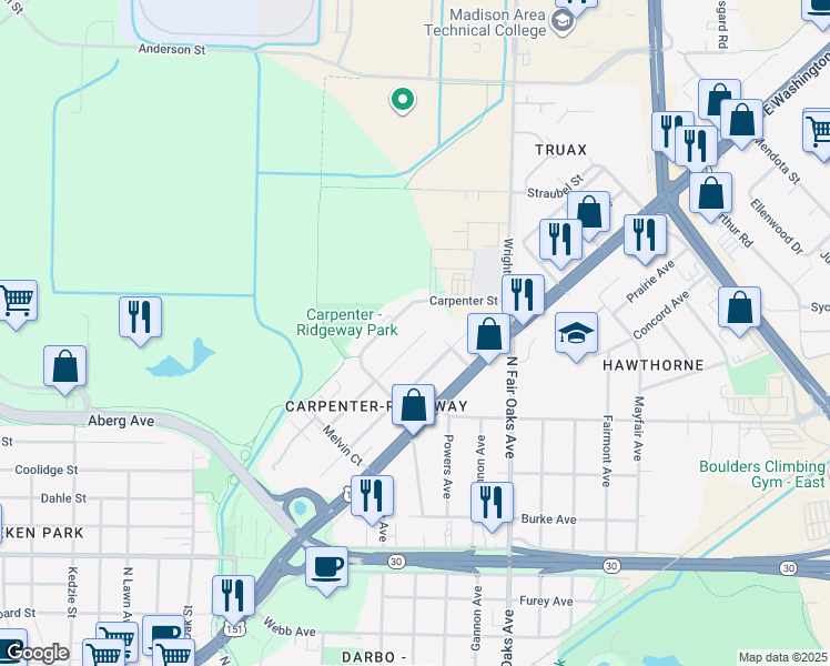 map of restaurants, bars, coffee shops, grocery stores, and more near 3352 Quincy Avenue in Madison