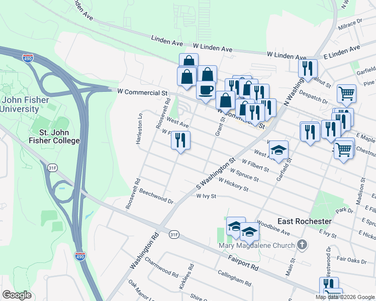 map of restaurants, bars, coffee shops, grocery stores, and more near 423 W Spruce St in East Rochester