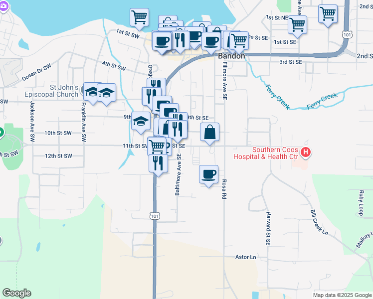 map of restaurants, bars, coffee shops, grocery stores, and more near 1155 Baltimore Avenue Southeast in Bandon